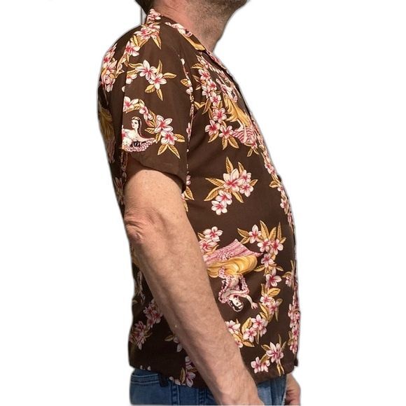 SUNDEK Sexy Hula Girls Surfing Shirt Brown Red Gold Mens Medium - Picture 2 of 14